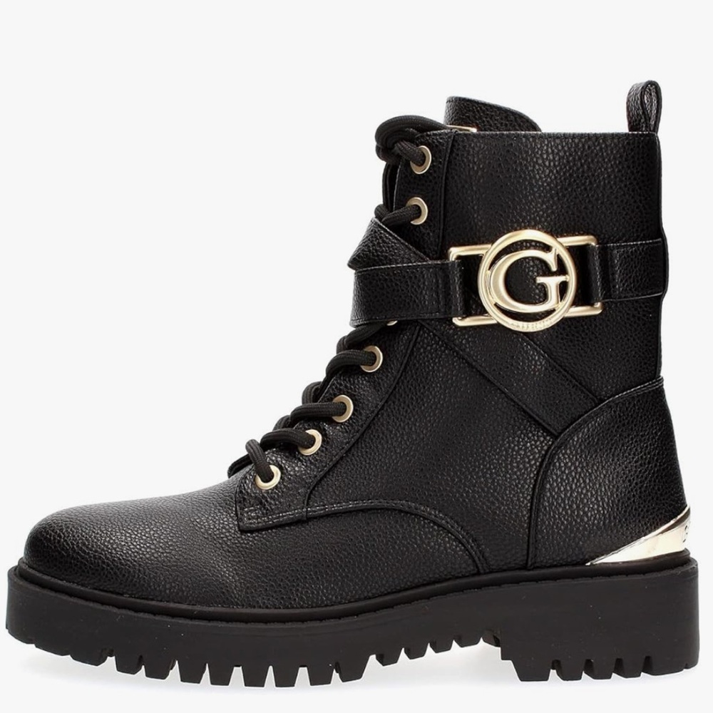 Guess Black Leather Gold Accent Lace Up Zip Moto Combat Ankle Boots Size 6.5 - Picture 2 of 13